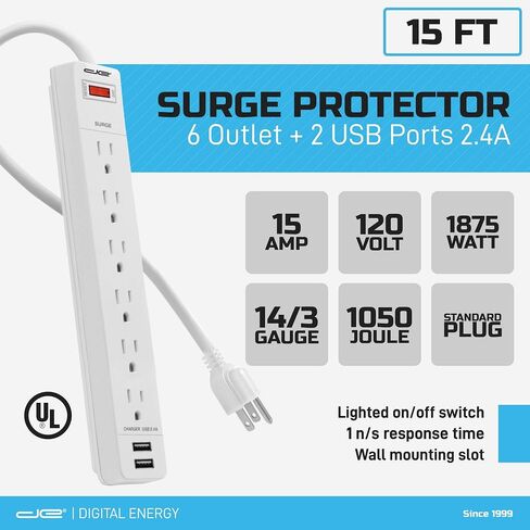 Digital Energy 6-Outlet + 2 USB 1050 Joule Surge Protector Power Strip with 15-Ft Long Extension Cord, White, UL Listed in Saudi Arabia