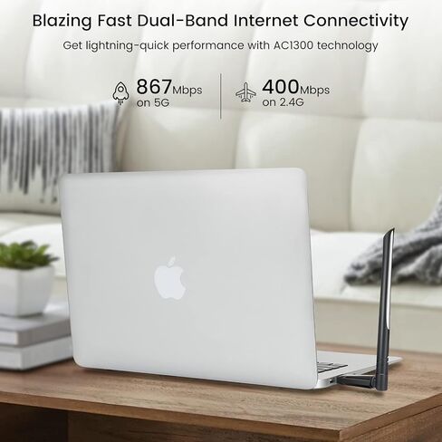 محول USB WiFi للكمبيوتر المكتبي - محول الشبكة اللاسلكية Inamax AC1300 لأجهزة الكمبيوتر المحمول مع هوائي مزدوج النطاق 5 جيجا هرتز عالي الكسب 5dBi، يدعم أنظمة التشغيل Windows 11 و10 و8.1 و8 و7 وXP ونظام التشغيل Mac OS 10.9-10.15 in Kuwait