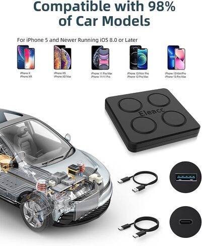 محول Eleacc 5.0 CarPlay اللاسلكي 2023 أحدث إصدار Pro Slim Edition 5.8 جيجا هرتز لجهاز iPhone، أسرع دونجل تشغيل السيارة لمصنع OEM سلكي باللاسلكي، التوصيل والتشغيل التلقائي، كابلات USB/النوع C 2 in Kuwait