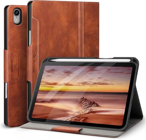 حافظة Antbox iPad Mini 6 (2021) الجيل السادس لجهاز iPad Mini 8.3 بوصة مع حامل قلم رصاص وغطاء ذكي من الجلد النباتي مع وظيفة النوم/الاستيقاظ التلقائي (بني) in Kuwait