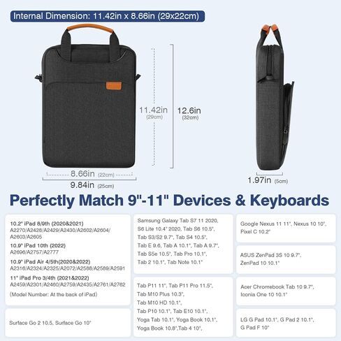 حقيبة كتف للكمبيوتر اللوحي MoKo 9-11، تناسب iPad Pro 11 2021-2018، iPad 10.2، iPad Air 4 10.9، iPad 9.7، Surface Go 3/2، Galaxy Tab A 10.1، حقيبة بوليستر مع حزام يد مخفي، أسود ورمادي in Saudi Arabia