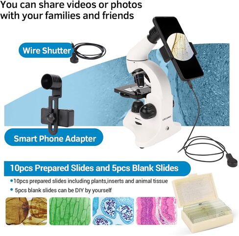 مجهر للبالغين والأطفال، مجهر أحادي العين 40X-2000X مع مجموعة علوم محول الهاتف شرائح المجهر، مجموعة المجاهر البيولوجية للطلاب مختبر التعليم المنزلي in Kuwait