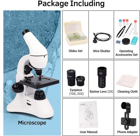 مجهر للبالغين والأطفال، مجهر أحادي العين 40X-2000X مع مجموعة علوم محول الهاتف شرائح المجهر، مجموعة المجاهر البيولوجية للطلاب مختبر التعليم المنزلي in Kuwait