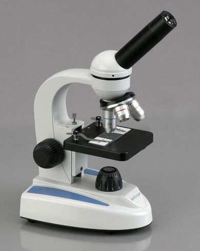 AmScope M149A مجهر أحادي مركب، عدسات WF10x وWF16x، تكبير 40x-640x، إضاءة LED، Brightfield، مكثف أحادي العدسة، مرحلة عادية، 110 فولت أو يعمل بالبطارية، إطار معدني عالي التحمل in Saudi Arabia