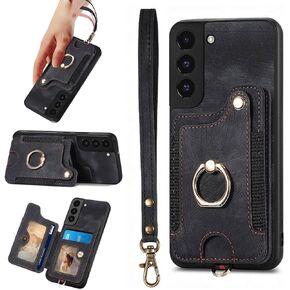 S22 Case,Card Holder Wallet for Samsung S22 Case,Ring Stand,RFID-Blocking,Wrist Strap,Camera Protector,Leather Protective Magnetic Flip Cover for Women Men Galaxy S22 Case (Black)