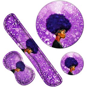 Ergonomic Keyboard Wrist Rests Gel Memory Foam Mouse Pad with Round Mousepad + Coasters, Wrist Support Set with Non Slip Base for Gaming Office Laptop Easy Typing & Pain Relief, Purple African Girl in Saudi Arabia