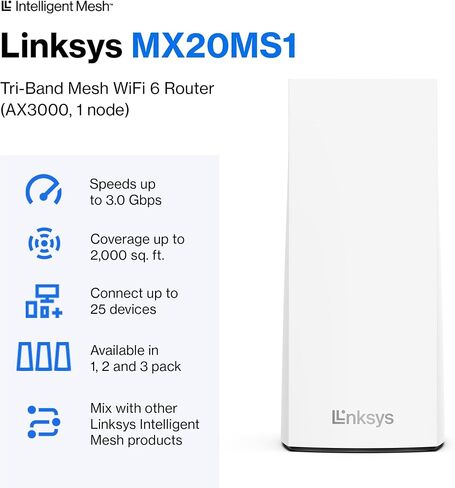 Linksys Atlas WiFi 6 Router Home WiFi Mesh System, Dual-Band, 2,000 Sq. ft Coverage, 25+ Devices, Speeds up to (AX3000) 3.0Gbps - MX2000 1-Pack in Kuwait