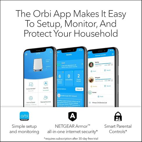 نظام NETGEAR Orbi Tri-Band WiFi 6 Mesh (RBK862S) - جهاز توجيه مزود بموسع قمر صناعي واحد، تغطية تصل إلى 5400 قدم مربع، 100 جهاز، منفذ إنترنت 10 جيجا، اشتراك Armor، AX6000 (حتى 6 جيجابت في الثانية) in Kuwait