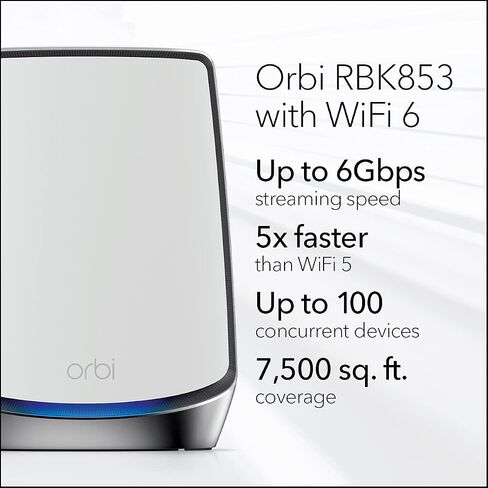 نظام NETGEAR Orbi Tri-Band WiFi 6 Mesh (RBK862S) - جهاز توجيه مزود بموسع قمر صناعي واحد، تغطية تصل إلى 5400 قدم مربع، 100 جهاز، منفذ إنترنت 10 جيجا، اشتراك Armor، AX6000 (حتى 6 جيجابت في الثانية) in Kuwait