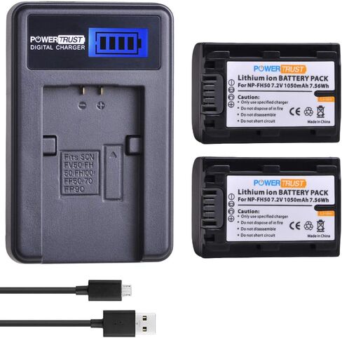 PowerTrust (2-Pack) NP-FH50 FH50 Battery + LCD USB Charger for Sony NP-FH40 NP-FH30 NP-FP50 NP-FP51 and Sony A230 A290 A330 A380 A390 DSC-HX1 HX100 HX200 HDR-TG1E TG3 TG5 TG7 Camera in Saudi Arabia