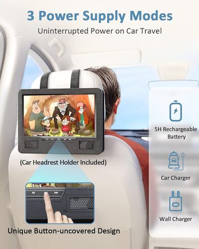 Arafuna 12.5" Portable DVD Player for Car, 10.5" HD Swivel Screen with Car Headrest Holder, 5-Hour Rechargeable Battery, Support USB/SD/Sync TV, Regions Free, Last Memory in Kuwait