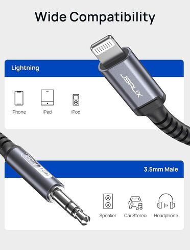 JSAUX Lightning to 3.5mm Audio Cord 6FT, Apple MFi Certified Aux Cord-Grey in Kuwait