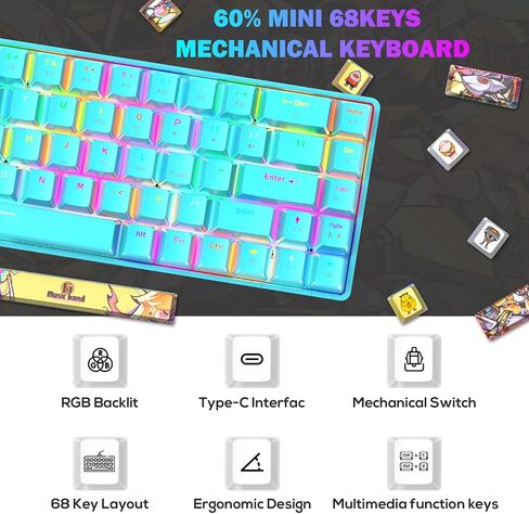 لوحة مفاتيح ألعاب ميكانيكية محمولة بنسبة 60% 18 Chroma RGB بإضاءة خلفية فائقة الصغر و68 مفتاحًا صبغ التسامي PBT مفاتيح كاملة مريحة مضادة للظلال متوافقة مع PS4، PS5، الكمبيوتر الشخصي، اللاعبين، الطابعة (مفتاح أزرق/أزرق) in Kuwait