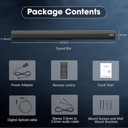 أشرطة صوت BESTISAN للتلفزيون، سلكية ولاسلكية بلوتوث 5.0 شريط صوت للتلفزيون 34 بوصة للمسرح المنزلي HDMI-ARC/بصري/محوري/AUX/USB/اتصال بلوتوث، قابل للتركيب على الحائط in Kuwait