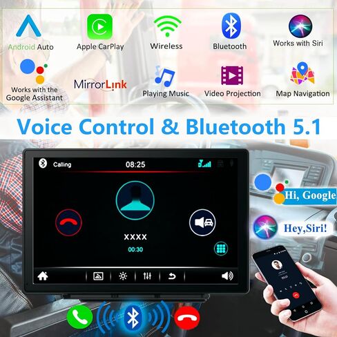 ستيريو سيارة محمول لاسلكي Apple Carplay Android Auto، راديو سيارة بشاشة تعمل باللمس 9 بوصة مع بلوتوث، كاميرا عالية الدقة، وصلة مرآة، التحكم الصوتي، كابل AUX، FM/USB/TF، يدعم لوحة قيادة الشاحنة in Kuwait