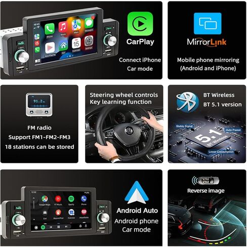 Single Din Car Stereo 5 Inch,for Apple Carplay & Android Auto Touchscreen Car Radio, with Mirror-Link,BT,FM,12 LED Backup Camera,USB Input Car Audio Video Playe in Saudi Arabia
