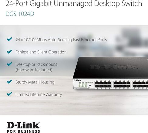دي لينك، DGS-1024D، محول إيثرنت، 24 منفذ جيجابت، محور شبكة بدون مروحة غير مُدار، سطح المكتب أو الحامل، أسود in Kuwait
