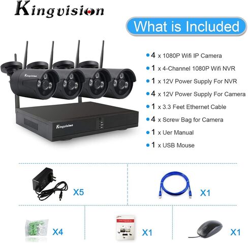 نظام كاميرا مراقبة منزلية لاسلكية 1296 بكسل واي فاي، طقم نظام كاميرا مراقبة فيديو Kingvision 8CH NVR مع 4 قطع 3.0 ميجابكسل كاميرات CCTV IP مقاومة للماء للأماكن الخارجية/الداخلية in Kuwait