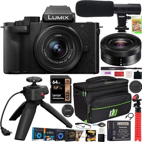 طقم تسجيل فيديو 4K بدون مرآة من باناسونيك DC-G100VK LUMIX G100 مع عدسة 12-32 مم + حزمة مقبض حامل ثلاثي DMW-SHGR1 مع علبة معدات ديكو + ميكروفون + بطاقة 64 جيجابايت + مجموعة برامج صور فيديو وملحقاتها in Saudi Arabia