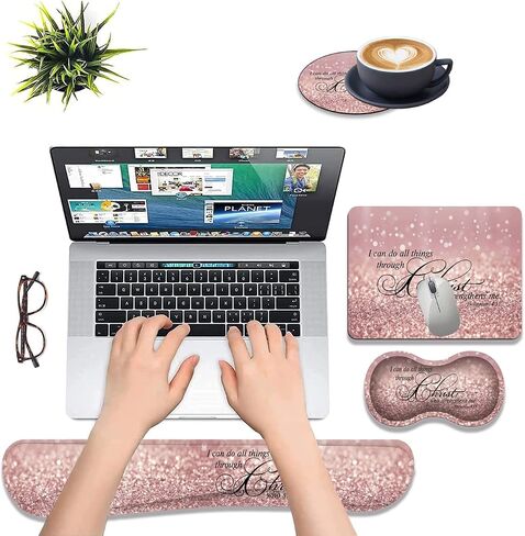 Ergonomic Keyboard Wrist rest Pad + Wrist Rest Pad + Square Mouse Pad + Coaster, Soft Lycra and Non-slip Rubber Base, Gel Memory Foam Wrist Pad Set for Pain Relief, Color Cute Little Dinosaur in Saudi Arabia