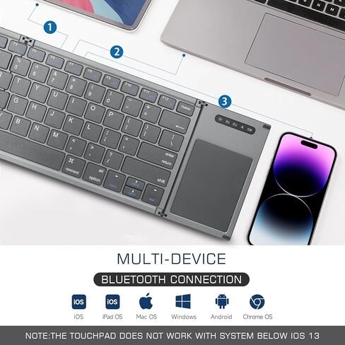 ZenRich Foldable Bluetooth Keyboard, Wireless Tri-Folding Portable Keyboard with Touchpad (Sync Up to 3 Devices), Full Size Ultra Slim Travel Keyboard for Windows/iOS/Android/OS/HMS, Grey in Kuwait