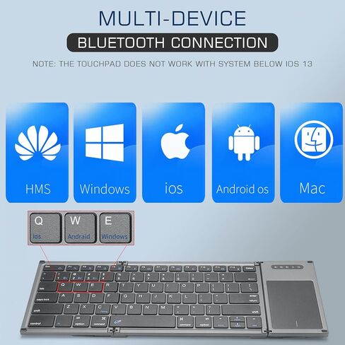 ZenRich Foldable Bluetooth Keyboard, Wireless Tri-Folding Portable Keyboard with Touchpad (Sync Up to 3 Devices), Full Size Ultra Slim Travel Keyboard for Windows/iOS/Android/OS/HMS, Grey in Kuwait