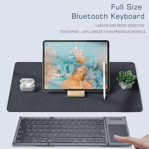 ZenRich Foldable Bluetooth Keyboard, Wireless Tri-Folding Portable Keyboard with Touchpad (Sync Up to 3 Devices), Full Size Ultra Slim Travel Keyboard for Windows/iOS/Android/OS/HMS, Grey in Kuwait