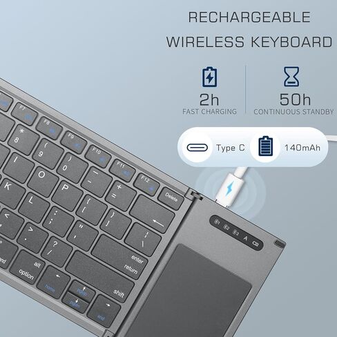 ZenRich Foldable Bluetooth Keyboard, Wireless Tri-Folding Portable Keyboard with Touchpad (Sync Up to 3 Devices), Full Size Ultra Slim Travel Keyboard for Windows/iOS/Android/OS/HMS, Grey in Kuwait