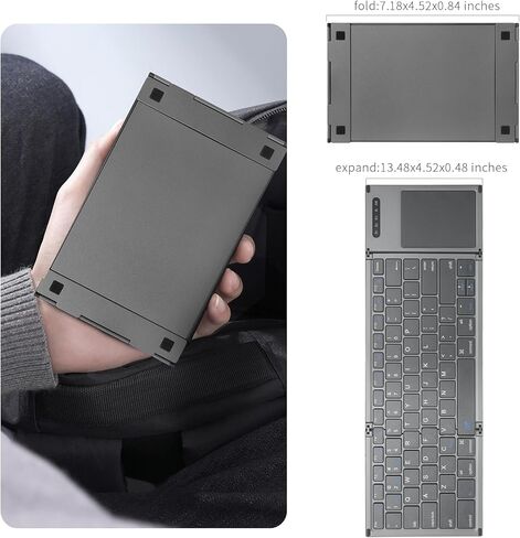 ZenRich Foldable Bluetooth Keyboard, Wireless Tri-Folding Portable Keyboard with Touchpad (Sync Up to 3 Devices), Full Size Ultra Slim Travel Keyboard for Windows/iOS/Android/OS/HMS, Grey in Kuwait
