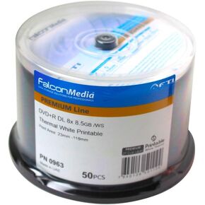 Falcon Media 50-Pack Premium Line DVD+R Dual Layer Discs with White Thermal Printable Surface, 8X Recording Speed, and 8.5 GB of Data in Cakebox Packaging