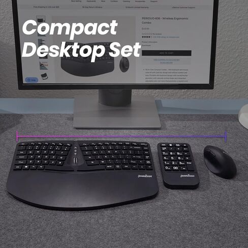Perixx PERIDUO-606A, 3-in-1 Wireless Compact Ergonomic Keyboard with Vertical Mouse and Numeric Keypad - Adjustable Palm Rest - Tilt Wheel - Membrane Low Profile Keys - US English in Kuwait