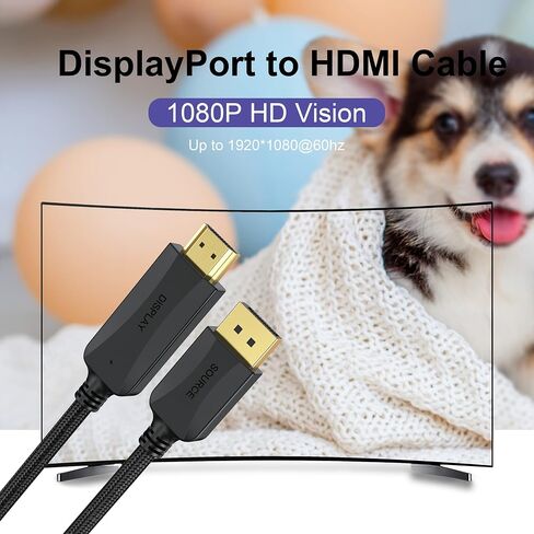 Thin DisplayPort to HDMI Cable 5 Feet, DP Display Port to HDMI Cable Adapter Male to Male Cord Gold-Plated Braided FHD Supports Video and Audio Compatible with Dell, HP, Insignia, Samsung, More in Saudi Arabia