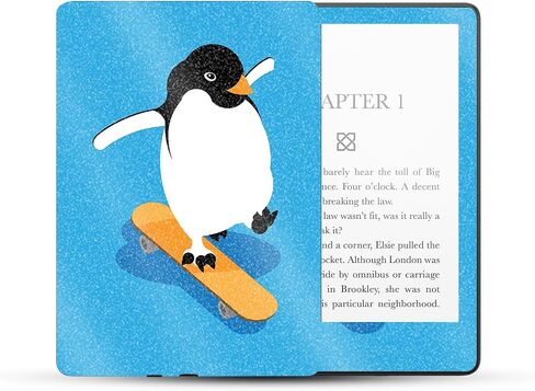 MightySkins Glossy Glitter Skin Compatible with Amazon Kindle Paperwhite 5 6.8-inch 11th Gen (2021) Full Wrap - Skater Penguin | Protective High-Gloss Glitter Finish | Easy to Apply | Made in The USA in Saudi Arabia