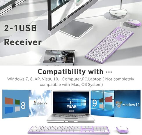 Wireless Keyboard Mouse Combo, Vssoplor 2.4G Ultra-Slim Cordless Keyboard and Mouse Set, Full Size Purple Wireless Keyboard for Windows, Laptop, PC, Computer, Notebook in Kuwait