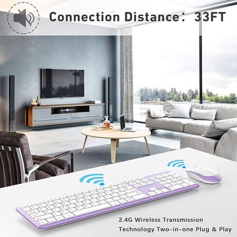 Wireless Keyboard Mouse Combo, Vssoplor 2.4G Ultra-Slim Cordless Keyboard and Mouse Set, Full Size Purple Wireless Keyboard for Windows, Laptop, PC, Computer, Notebook in Kuwait