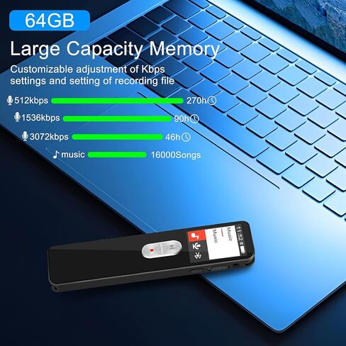 مسجل صوت رقمي، مسجل نشط 64 جيجا مع تشغيل 3072 كيلو بايت في الثانية، تقليل الضوضاء وحماية كلمة المرور للمحاضرات والاجتماعات والفصول الدراسية (فضي) in Kuwait