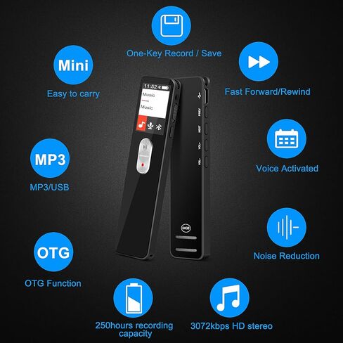 مسجل صوت رقمي، مسجل نشط 64 جيجا مع تشغيل 3072 كيلو بايت في الثانية، تقليل الضوضاء وحماية كلمة المرور للمحاضرات والاجتماعات والفصول الدراسية (فضي) in Kuwait