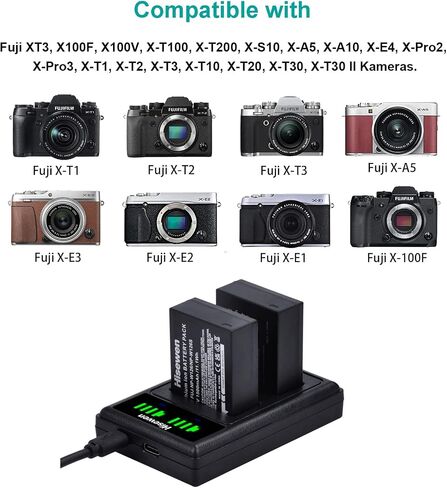 NP-W126 NP-W126S بطارية 2 حزمة، شاحن مزدوج Hisewen لـ Fujifilm Fuji XT3، X100F، X100V، X-T100، X-T200، X-S10، X-A5، X-A10، X-E4، X-Pro2، X -كاميرا Pro3، X-T1، X-T2، X-T3، X-T10/T20، X-T30، X-T30 II. in Saudi Arabia