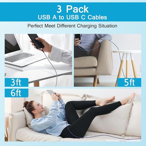 كابل USB C للشحن السريع من Android Auto Samsung، [6FT+5FT+3FT] USB A إلى النوع C شحن سريع لشاحن هاتف Android سلك سيارة لهاتف Galaxy S23/A14/A54/A34/A24/A03S/Z Fold5، Google Pixel 7Pro/7a /7/6/5/4، موتو in Saudi Arabia