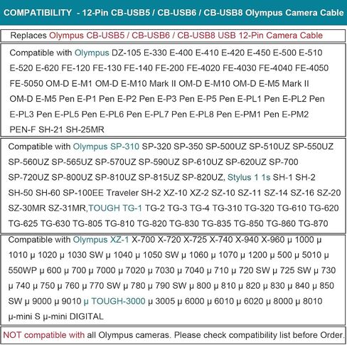 كابل شحن بيانات USB متوافق مع Olympus Tough TG-830 TG-630 TG-860 TG-870 TG-810، TG-820، TG-835، TG-850 TG-860 TG-870 X-940، X-960، EP1، EM10، بديل ل CB-USB5 CB-USB6 كابل CB-USB8 in Saudi Arabia