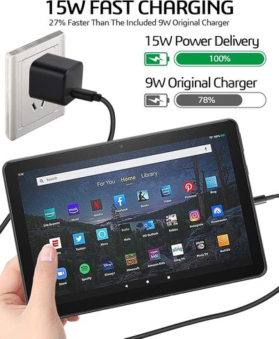 [2 Pack] 15W USB-C Fast Charger for New Kindle Fire Tablets with 6.6Ft USB-C Cable (Designed for use with USB-C Version Fire Tablets and Kindle E-Readers in Kuwait