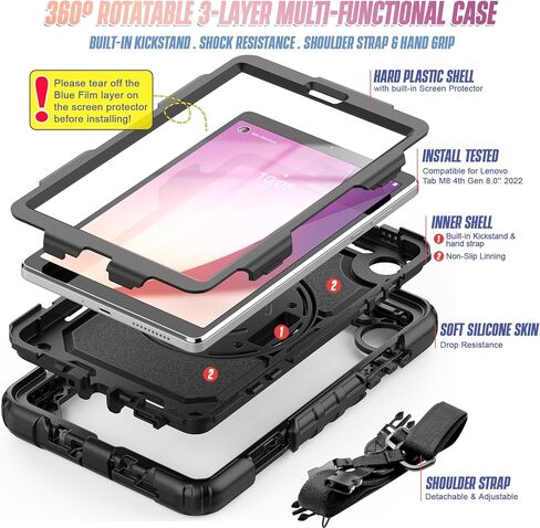 Herize Case for Lenovo Tab M8 4th Gen 2023 Released with Screen Protector | Lenovo M8 Case TB-300FU/TB-300XU with Pen Holder | Full Body Shockproof Rubber Protective Cover W/Stand Shoulder Strap in Kuwait