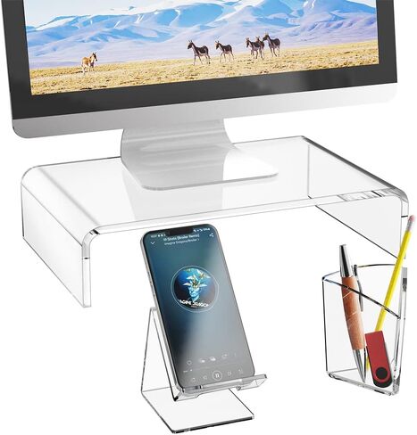 WALI Acrylic Monitor Stand, Desktop Riser Table Top with Storage Accessories, for Flat Screen LCD LED TV, Laptop, Notebook, Display and Office Supplies (ATT001), Clear in Saudi Arabia