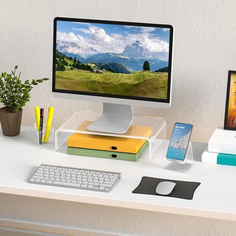 WALI Acrylic Monitor Stand, Desktop Riser Table Top with Storage Accessories, for Flat Screen LCD LED TV, Laptop, Notebook, Display and Office Supplies (ATT001), Clear in Saudi Arabia