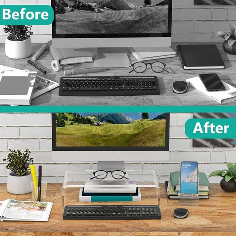 WALI Acrylic Monitor Stand, Desktop Riser Table Top with Storage Accessories, for Flat Screen LCD LED TV, Laptop, Notebook, Display and Office Supplies (ATT001), Clear in Saudi Arabia