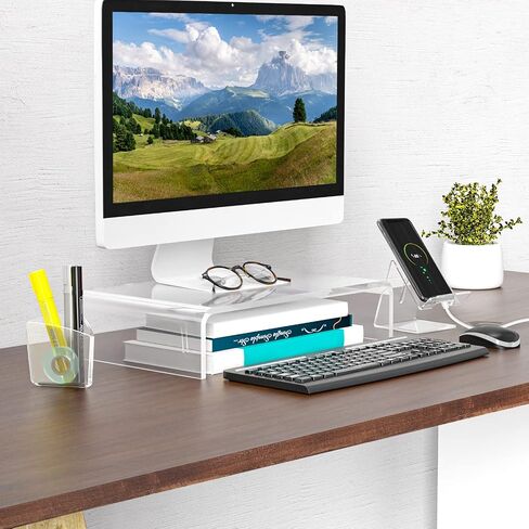 WALI Acrylic Monitor Stand, Desktop Riser Table Top with Storage Accessories, for Flat Screen LCD LED TV, Laptop, Notebook, Display and Office Supplies (ATT001), Clear in Saudi Arabia