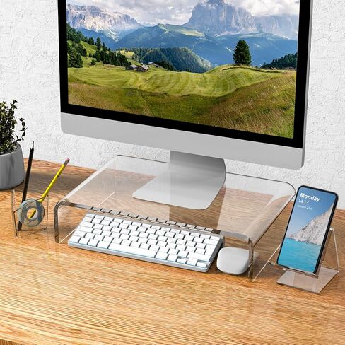 WALI Acrylic Monitor Stand, Desktop Riser Table Top with Storage Accessories, for Flat Screen LCD LED TV, Laptop, Notebook, Display and Office Supplies (ATT001), Clear in Saudi Arabia