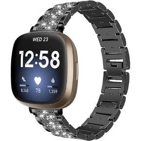 Wrist Strap Compatible for Fitbit Versa 4/Sense 2 Bling Bands for Women, Dressy Metal Stainless Steel Bracelet Rhinestone Jewelry Wristband