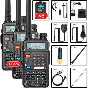 راديو هام محمول باليد (UV-5R 8W) ثنائي النطاق ثنائي الاتجاه مع بطاريتين قابلتين لإعادة الشحن بقدرة 1800 مللي أمبير في الساعة مجموعة كاملة من أجهزة الاتصال اللاسلكي المحمولة مع سماعة أذن وكابل برمجة (الجيل الثالث)