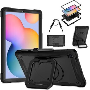 حافظة DETUOSI لهاتف Samsung Galaxy Tab S6 Lite 10.4 بوصة 2020/2022 (موديل SM-P610/P615/P613/P619) مع حامل قلم، حافظة شديدة التحمل مقاومة للصدمات مع حامل قابل للدوران 360 درجة وحزام كتف، أسود in Kuwait
